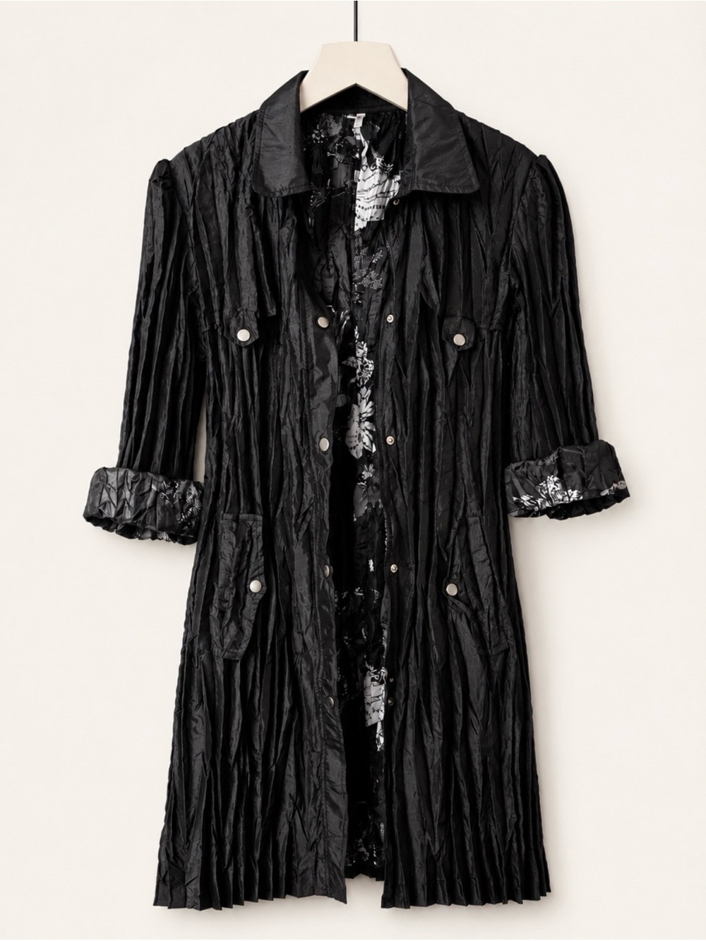 Lindi Reversible Crinkle Pleated Jacket Coat Dress Black Floral XL